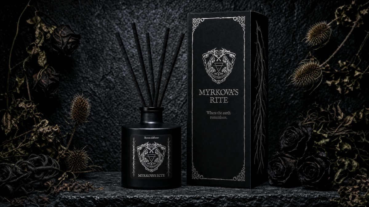 Myrkova’s Rite reed diffuser in Finnish forest setting