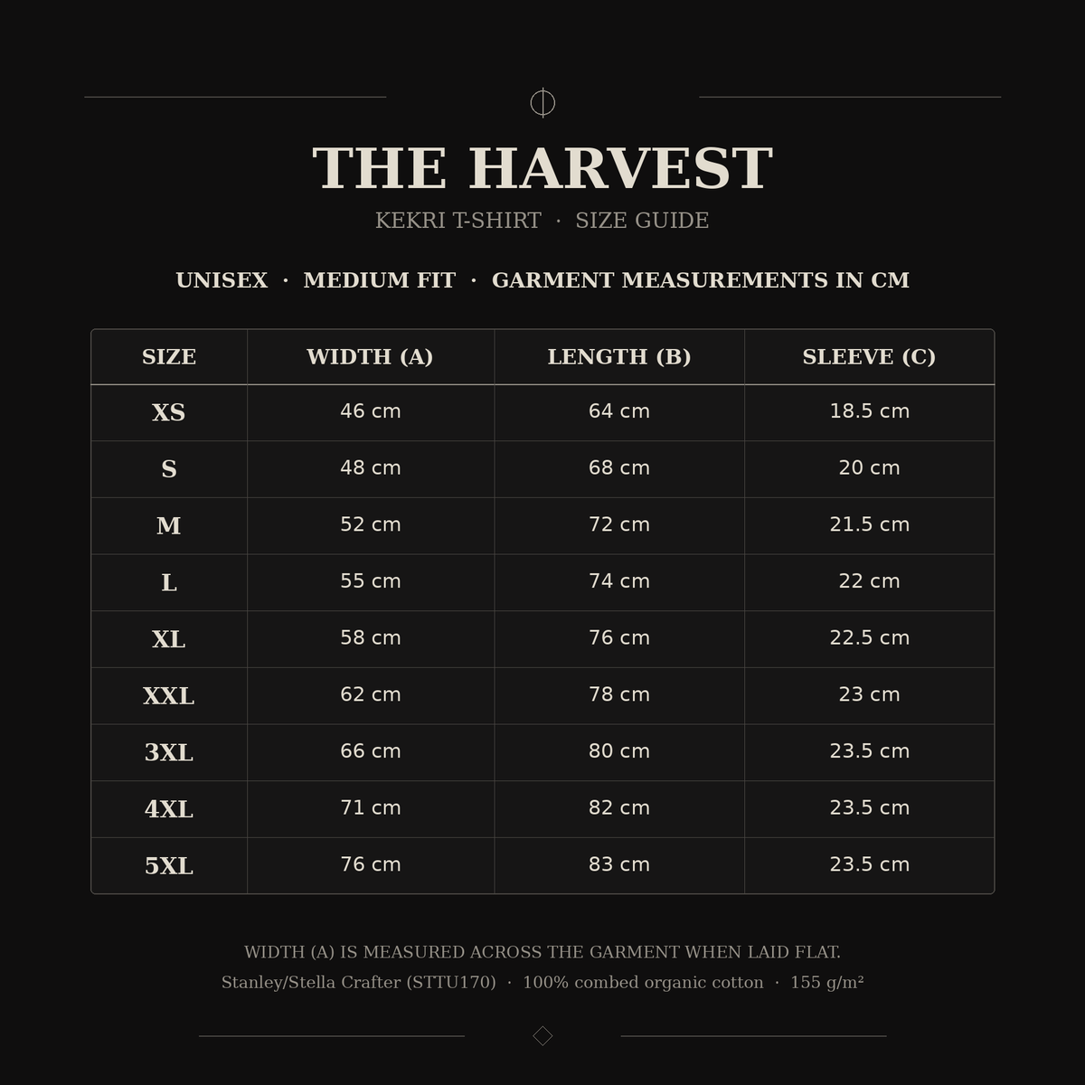 1. HEXED The Harvest unisex T-shirt size guide XS–5XL