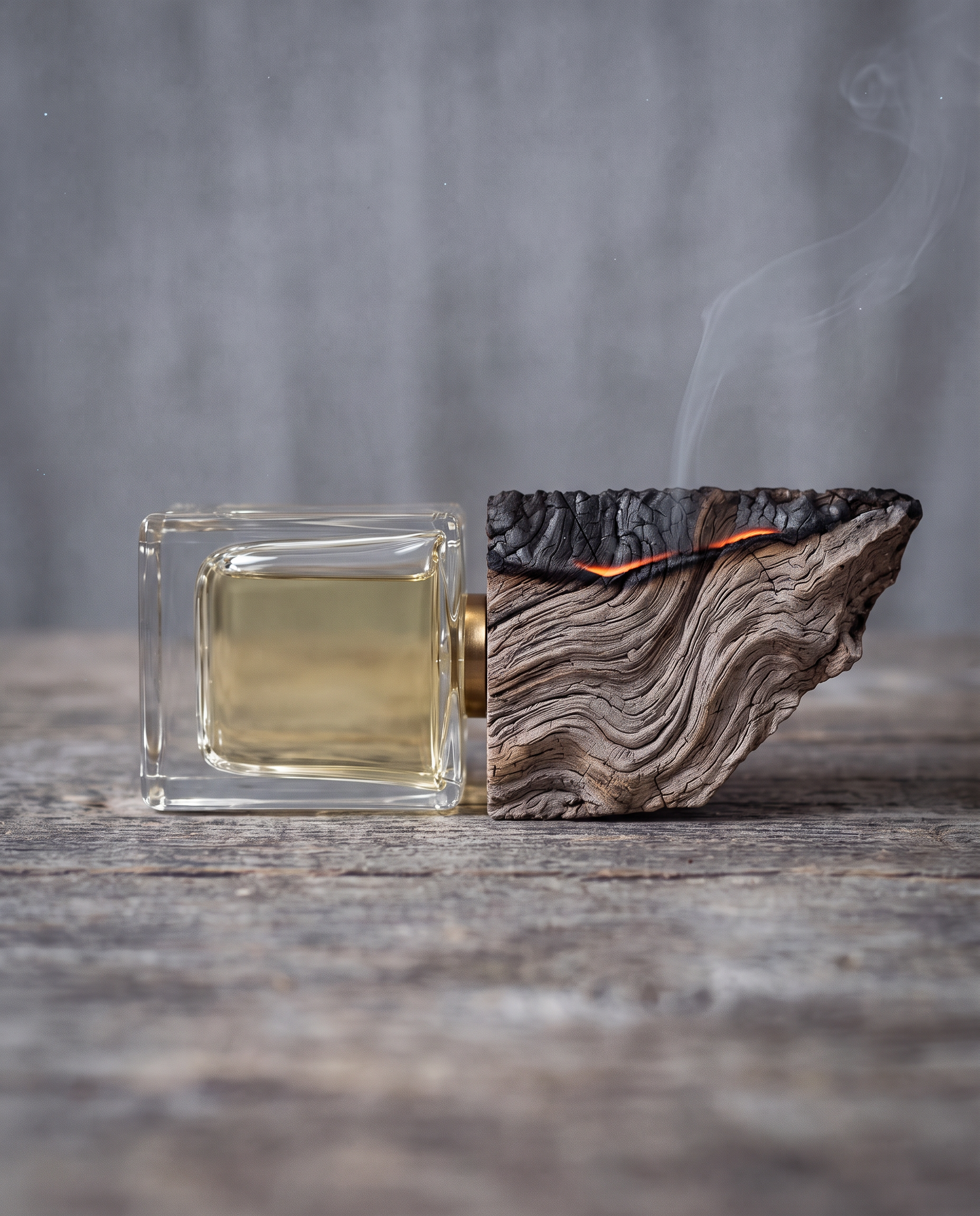 HEXED Eimyrja perfume: a clear glass flacon lying on a weathered wooden surface, its oversized wooden cap charred at the edge and still smouldering